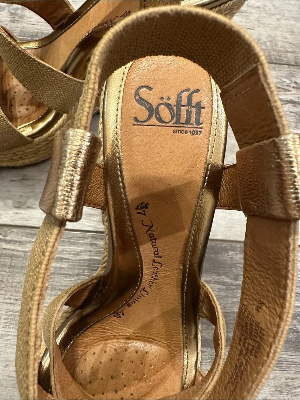 Sofft Metallic Gold Elastic-Strap Espadrille Wedges